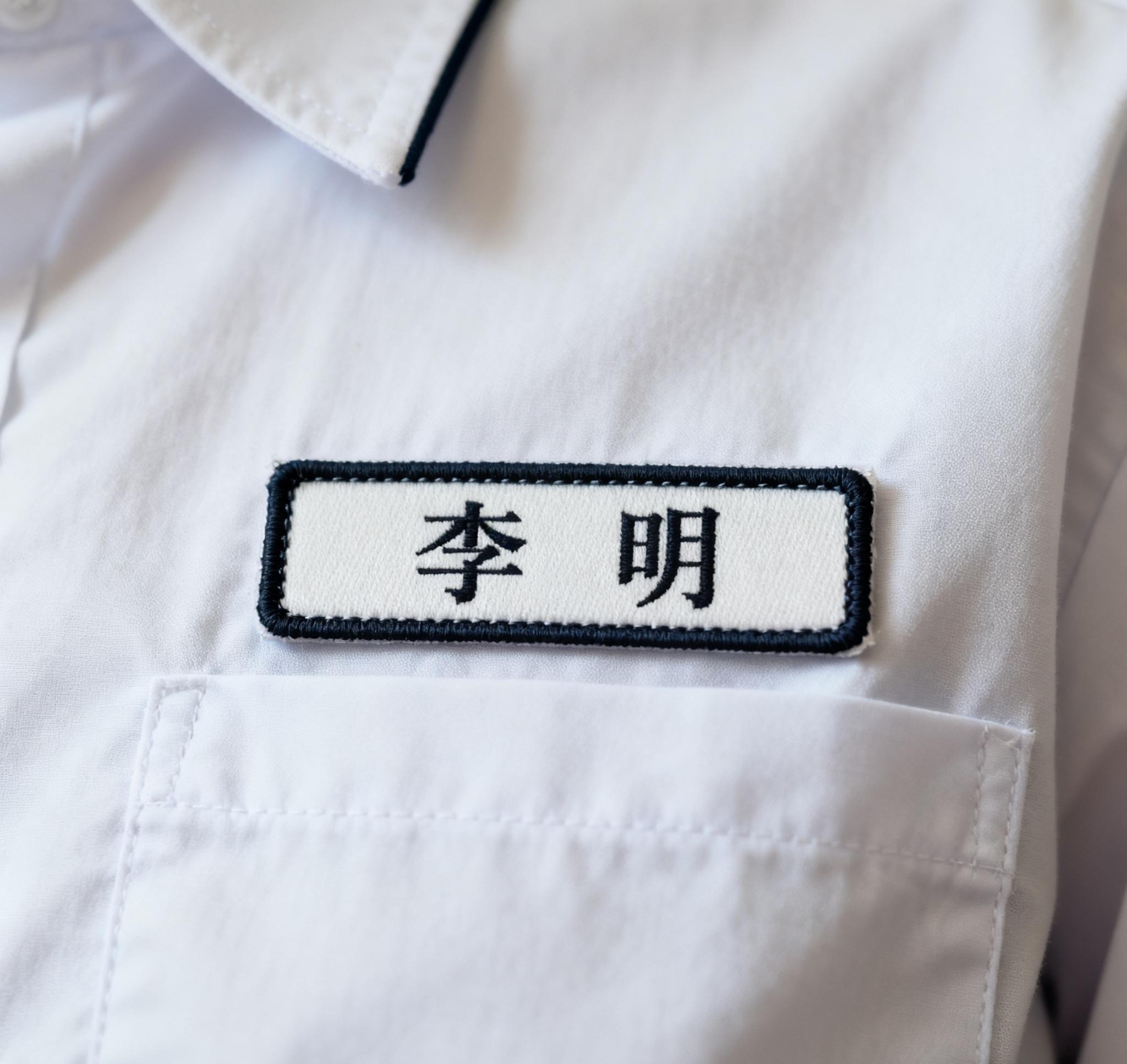 Rectangle name labels on school uniform shirt.